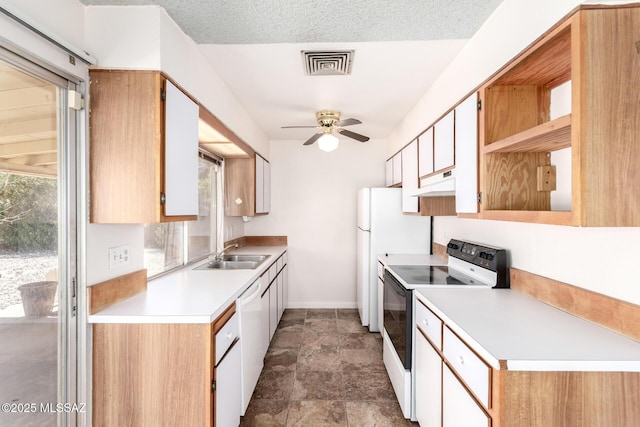 kitchen with visible vents, white appliances, ceiling fan, under cabinet range hood, and a sink