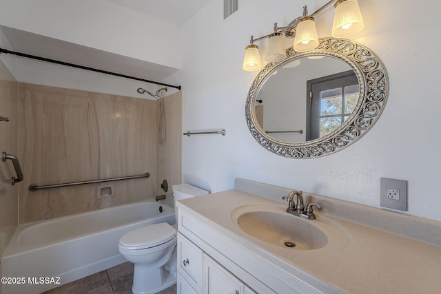 bathroom featuring toilet, visible vents, tile patterned floors, vanity, and bathing tub / shower combination
