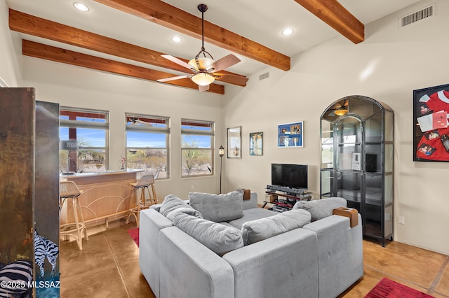 6300 N Abington Rd, Tucson, AZ 85743 - living area featuring recessed lighting, ceiling fan, beamed ceiling, and arched walkways