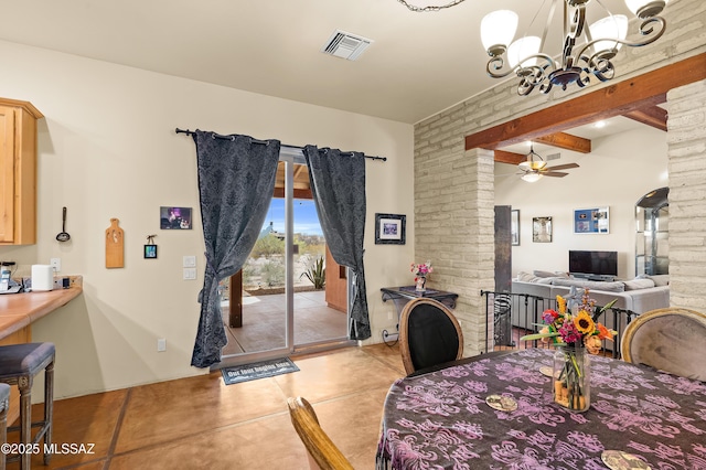 6300 N Abington Rd, Tucson, AZ 85743 - tiled dining room featuring a chandelier, ceiling fan, and beam ceiling