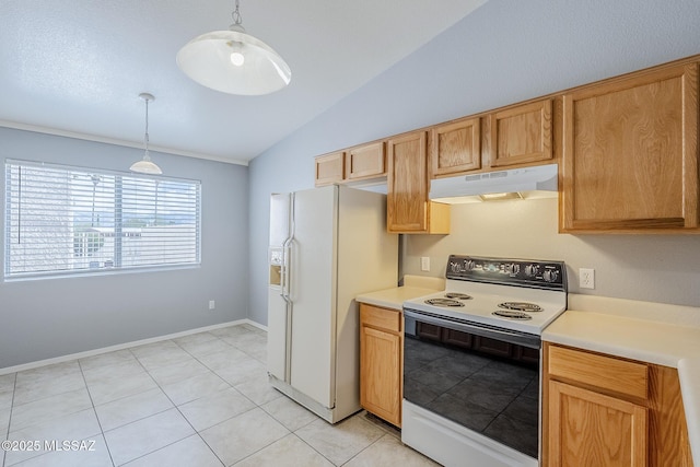 7848 E 35th St, Tucson, AZ 85710 - kitchen with under cabinet range hood, electric stove, white fridge with ice dispenser, lofted ceiling, and light countertops
