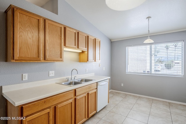 7848 E 35th St, Tucson, AZ 85710 - kitchen with white dishwasher, a sink, light countertops, pendant lighting, and lofted ceiling