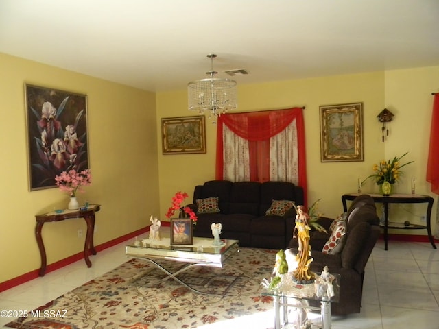 living room with a chandelier, baseboards, visible vents, and tile patterned flooring