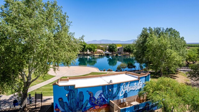 view of pool with a water and mountain view