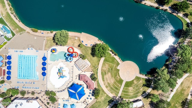 drone / aerial view featuring a water view