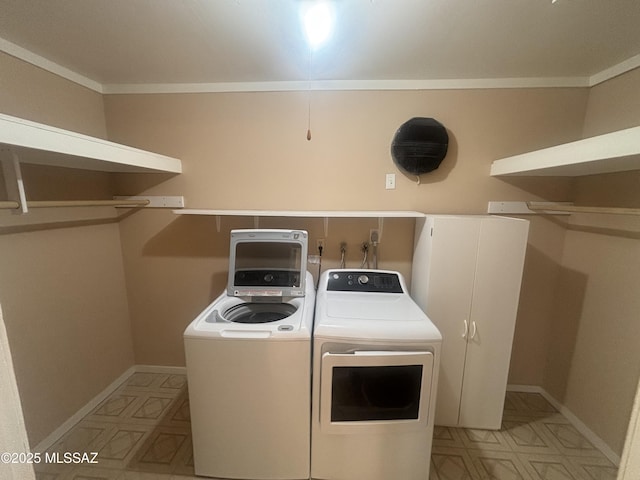 334 S Las Hamacas, Green Valley, AZ 85614 - laundry room featuring independent washer and dryer, light floors, baseboards, and ornamental molding
