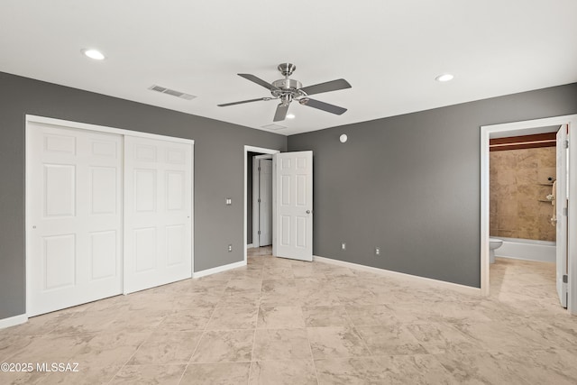 3486 W Sagebrush Hills Ct, Tucson, AZ 85741 - unfurnished bedroom with a closet, baseboards, ensuite bathroom, ceiling fan, and recessed lighting