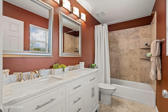 3486 W Sagebrush Hills Ct, Tucson, AZ 85741 - bathroom with toilet, double vanity, shower / bath combo with shower curtain, and a textured wall