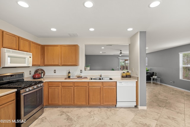 3486 W Sagebrush Hills Ct, Tucson, AZ 85741 - kitchen featuring white appliances, a sink, light countertops, recessed lighting, and a ceiling fan