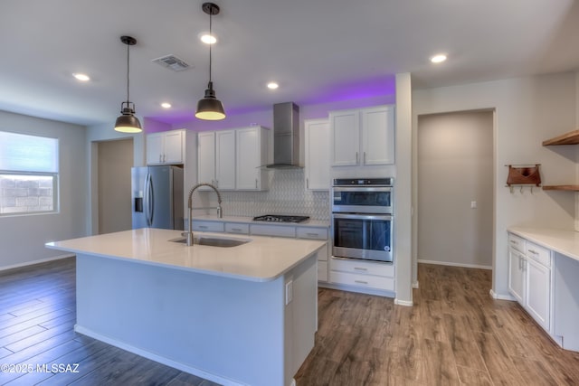 14172 E Vardo Dr, Vail, AZ 85641 - kitchen featuring wall chimney exhaust hood, a sink, stainless steel appliances, open shelves, and wood finished floors