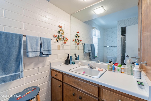 bathroom featuring vanity, a stall shower, and toilet