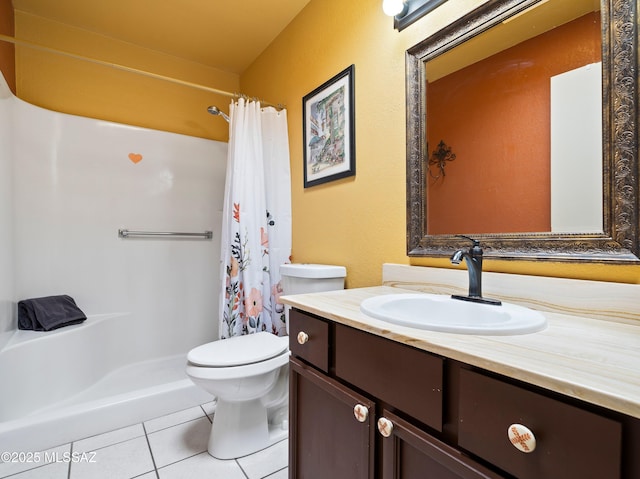 bathroom featuring toilet, tile patterned floors, curtained shower, and vanity