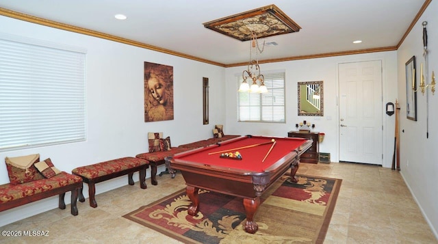 game room with crown molding, recessed lighting, pool table, and baseboards