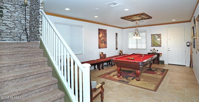 recreation room with visible vents, recessed lighting, crown molding, and pool table