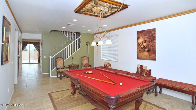 rec room featuring visible vents, crown molding, baseboards, recessed lighting, and pool table
