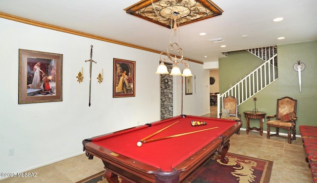 recreation room with crown molding, billiards, and baseboards