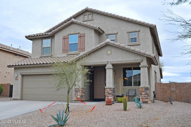 view of front of home featuring fence, an attached garage, stucco siding, concrete driveway, and a tiled roof