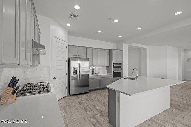 kitchen with visible vents, a sink, light wood finished floors, gray cabinetry, and stainless steel appliances