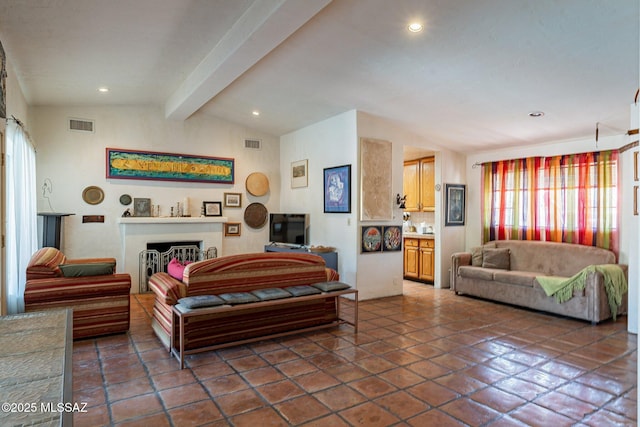 bedroom featuring vaulted ceiling with beams, recessed lighting, and visible vents