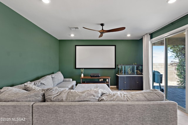 10337 S Pantano Knolls Dr, Vail, AZ 85641 - cinema room featuring a ceiling fan, visible vents, and recessed lighting
