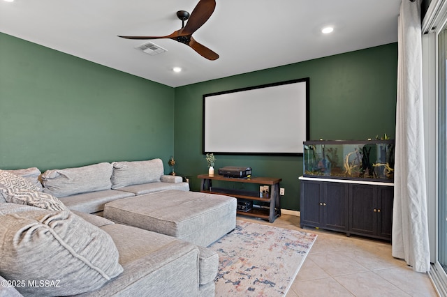 10337 S Pantano Knolls Dr, Vail, AZ 85641 - cinema room featuring visible vents, a ceiling fan, light tile patterned floors, and recessed lighting