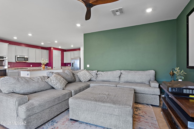 10337 S Pantano Knolls Dr, Vail, AZ 85641 - living area with recessed lighting, ceiling fan, visible vents, and light tile patterned floors