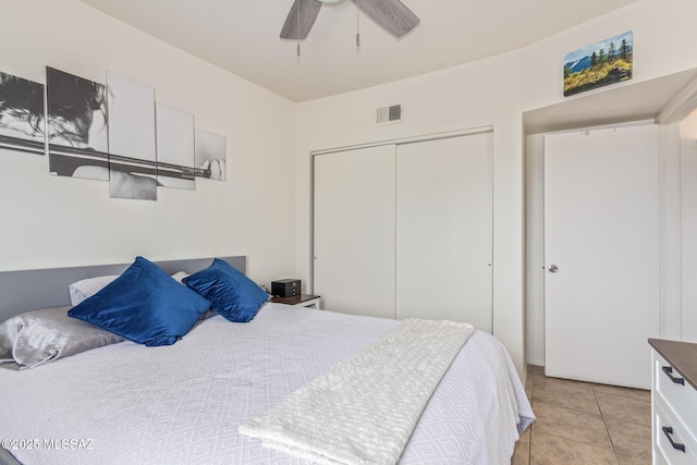 1810 E Blacklidge Dr Apt 827, Tucson, AZ 85719 - bedroom featuring visible vents, a ceiling fan, light tile patterned flooring, and a closet