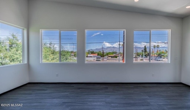 4270 E Broadway Blvd, Tucson, AZ 85711 - spare room with baseboards, a mountain view, wood finished floors, and lofted ceiling