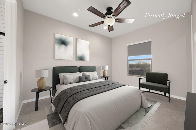 bedroom featuring recessed lighting, baseboards, a ceiling fan, and light tile patterned floors