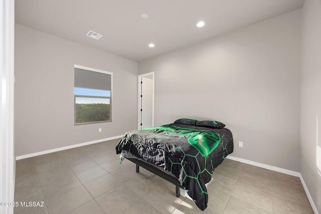 tiled bedroom with recessed lighting, baseboards, and visible vents
