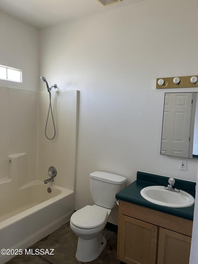 full bathroom featuring toilet,  shower combination, visible vents, and vanity
