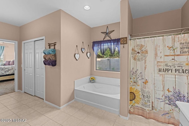 full bathroom featuring tile patterned flooring, recessed lighting, baseboards, a shower with curtain, and a bath