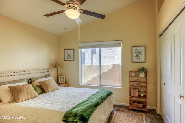 1707 W Sunridge Dr, Tucson, AZ 85704 - bedroom with carpet floors, a ceiling fan, baseboards, vaulted ceiling, and a closet