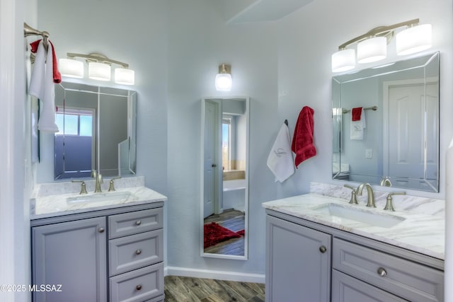 1707 W Sunridge Dr, Tucson, AZ 85704 - bathroom featuring wood finished floors, a sink, and two vanities