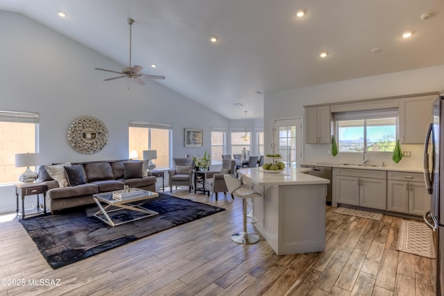 1707 W Sunridge Dr, Tucson, AZ 85704 - kitchen with ceiling fan, appliances with stainless steel finishes, light countertops, open floor plan, and gray cabinetry