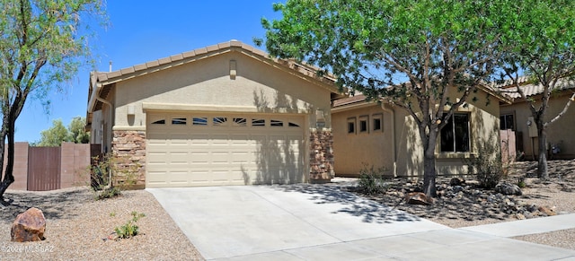 ranch-style house with an attached garage, stucco siding, driveway, and stone siding