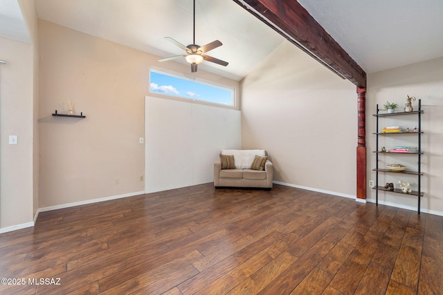 1525 N Bryant Ave, Tucson, AZ 85712 - unfurnished room with baseboards, ceiling fan, lofted ceiling with beams, and hardwood / wood-style floors