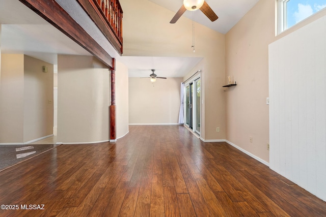 1525 N Bryant Ave, Tucson, AZ 85712 - empty room featuring a ceiling fan, high vaulted ceiling, baseboards, and hardwood / wood-style flooring