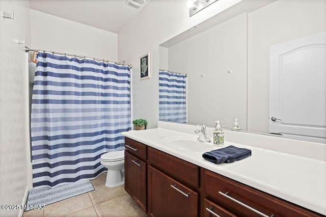 bathroom featuring visible vents, curtained shower, tile patterned floors, vanity, and toilet
