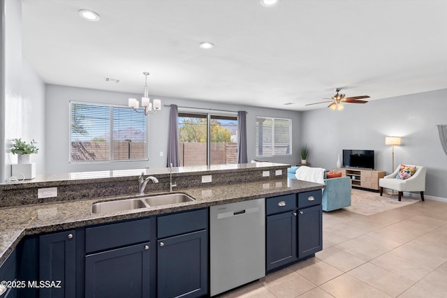 2868 N Silkie Pl, Tucson, AZ 85719 - kitchen featuring plenty of natural light, a sink, ceiling fan with notable chandelier, and dishwasher