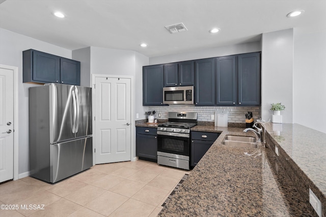 2868 N Silkie Pl, Tucson, AZ 85719 - kitchen with appliances with stainless steel finishes, a sink, dark stone countertops, backsplash, and visible vents