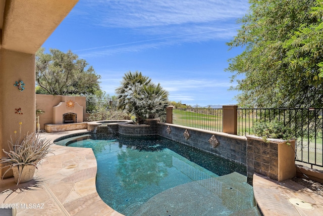 view of pool featuring a fenced in pool, an in ground hot tub, fence, and a patio