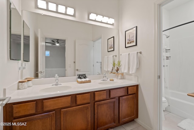 full bathroom featuring a sink, tile patterned flooring, toilet, and double vanity