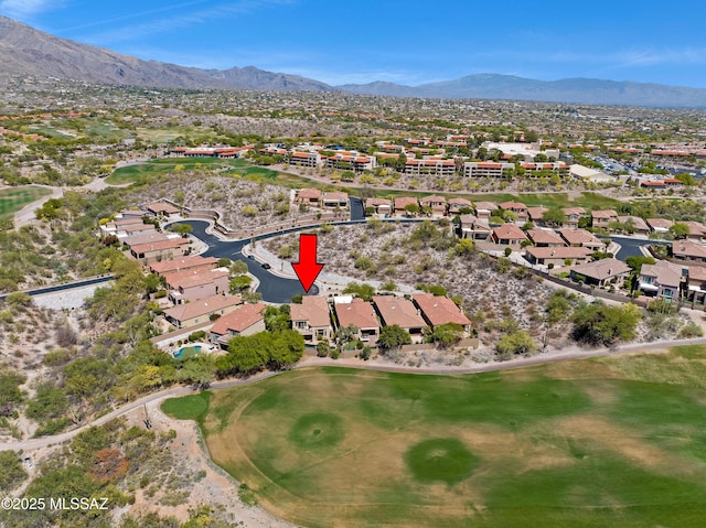 birds eye view of property featuring a residential view, a mountain view, and golf course view