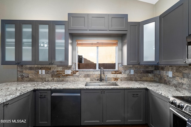 9696 E Paseo, San Rosendo, Tucson, AZ 85747 - kitchen with backsplash, gray cabinetry, appliances with stainless steel finishes, and a sink