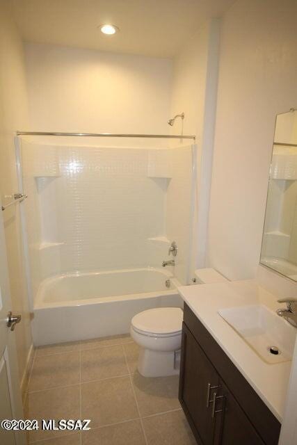 bathroom featuring tile patterned flooring, vanity, toilet, recessed lighting, and  shower combination