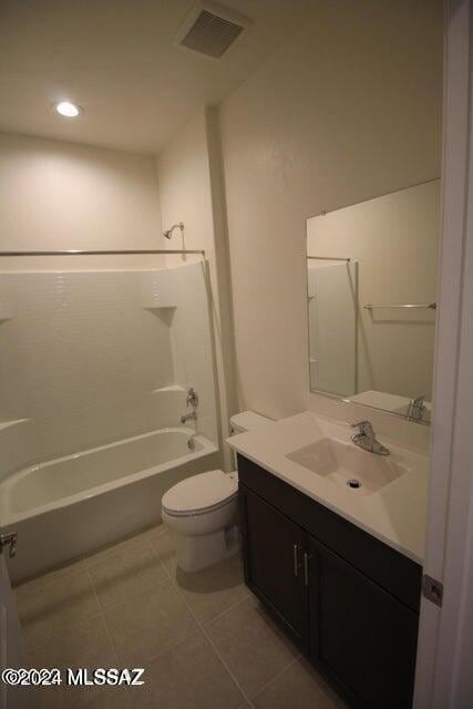 full bath featuring vanity, toilet, recessed lighting, shower / bathing tub combination, and visible vents