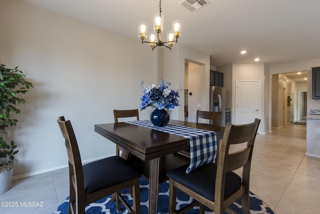 dining area with visible vents, baseboards, a chandelier, recessed lighting, and light tile patterned flooring