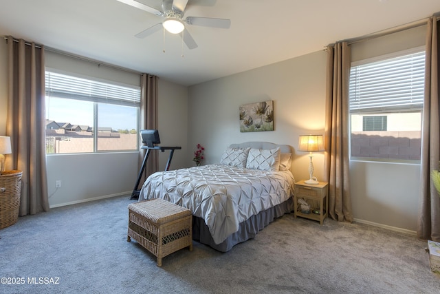 bedroom featuring carpet floors, ceiling fan, and baseboards