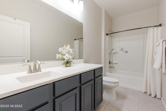 full bath with toilet, shower / bath combination with curtain, tile patterned flooring, and vanity
